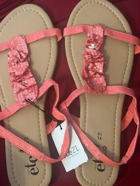Coral Sequin T-Strap Sandals